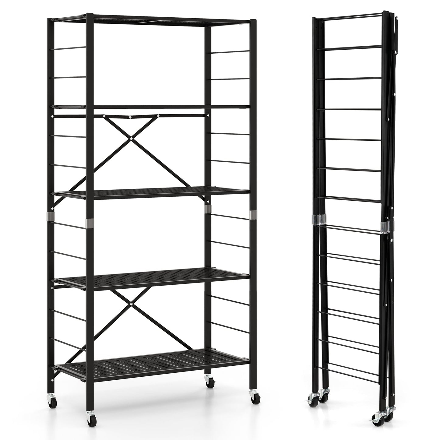 5-Tier Folding Storage Shelves with Adjustable Shelves and Wheels-Black