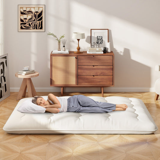 Japanese Floor Mattress with Washable Cover and Carry Bag-Beige-Double Size