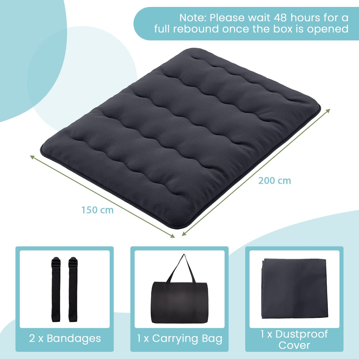 Japanese Floor Mattress with Washable Cover and Carry Bag-Black-King Size