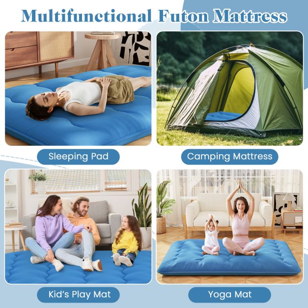 Japanese Floor Mattress with Washable Cover and Carry Bag-Blue-King Size