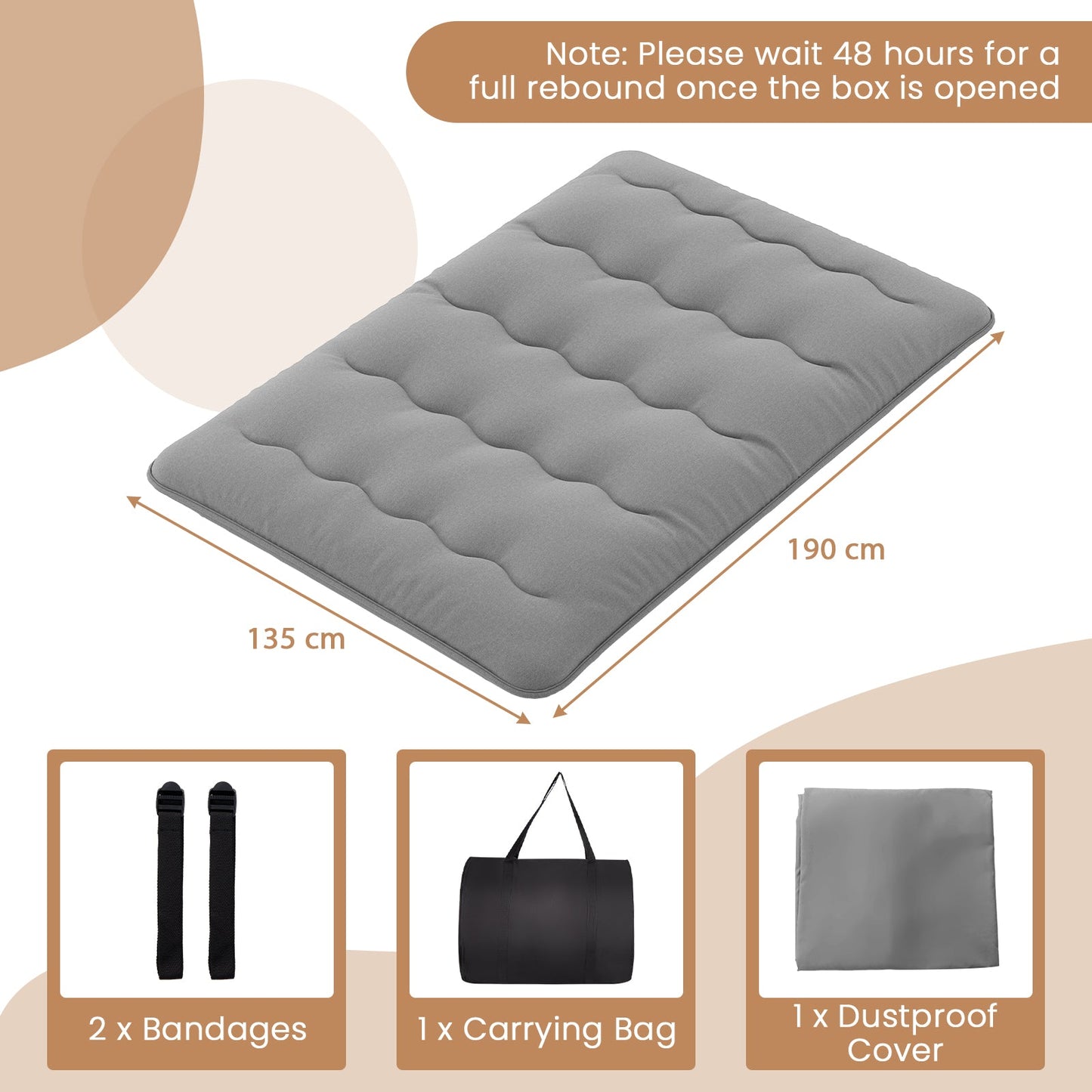 Japanese Floor Mattress with Washable Cover and Carry Bag-Grey-Double Size