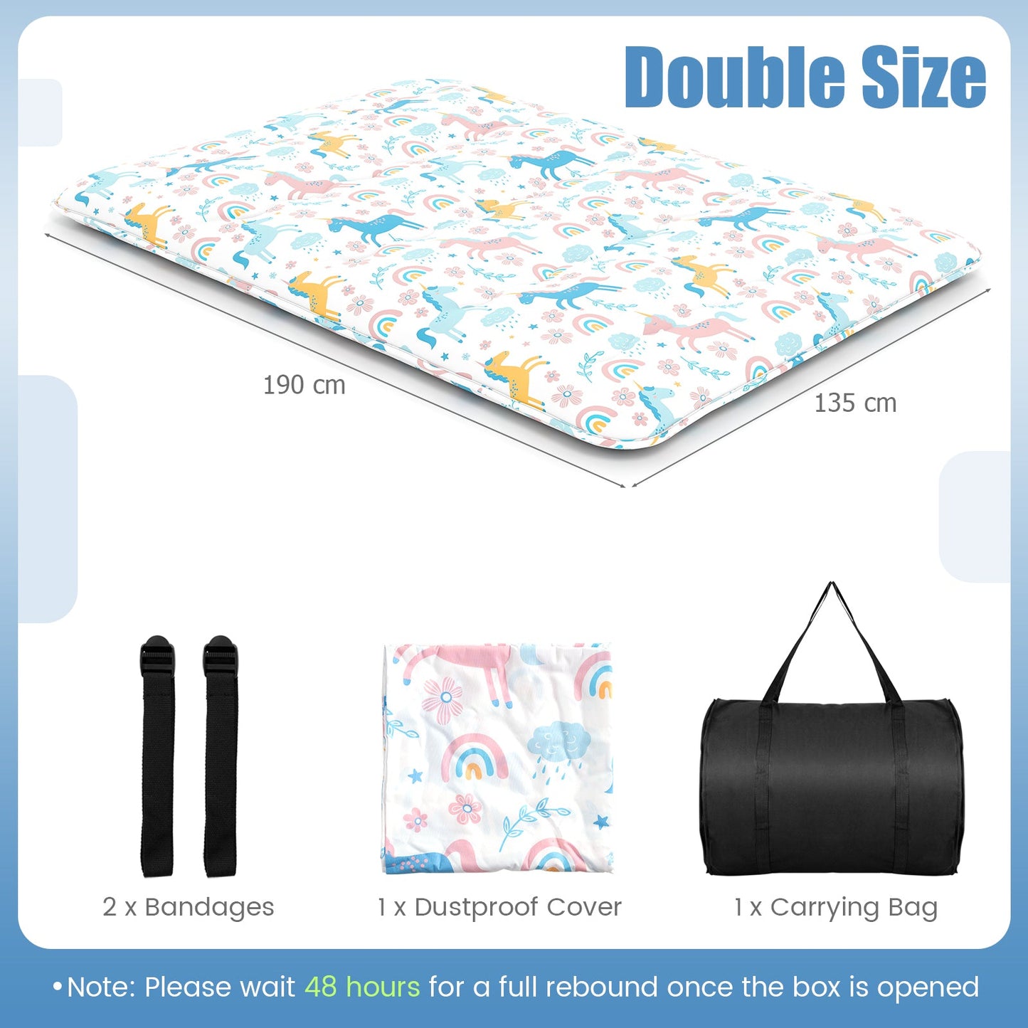 Japanese Floor Mattress with Washable Cover and Carry Bag-Rainbow-Double Size