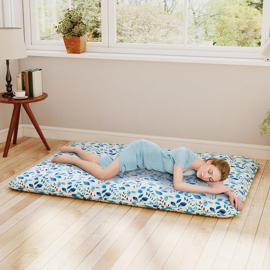 Japanese Floor Mattress with Washable Cover and Carry Bag-Blue & White-Double Size