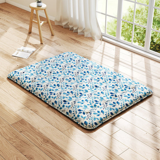 Japanese Floor Mattress with Washable Cover and Carry Bag-Blue & White-Double Size