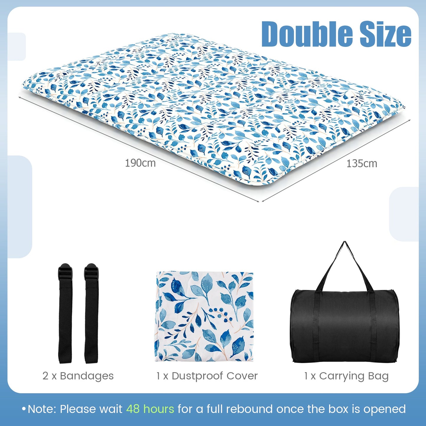 Japanese Floor Mattress with Washable Cover and Carry Bag-Blue & White-Double Size