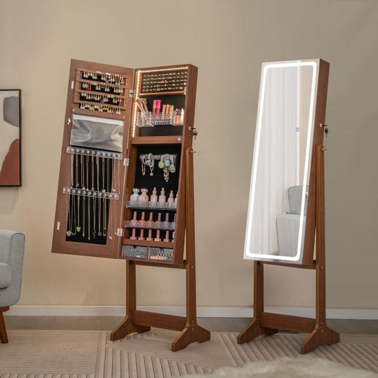 Standing Jewelry Cabinet with LED Lights Lipstick Box and 2 Drawers-Walnut