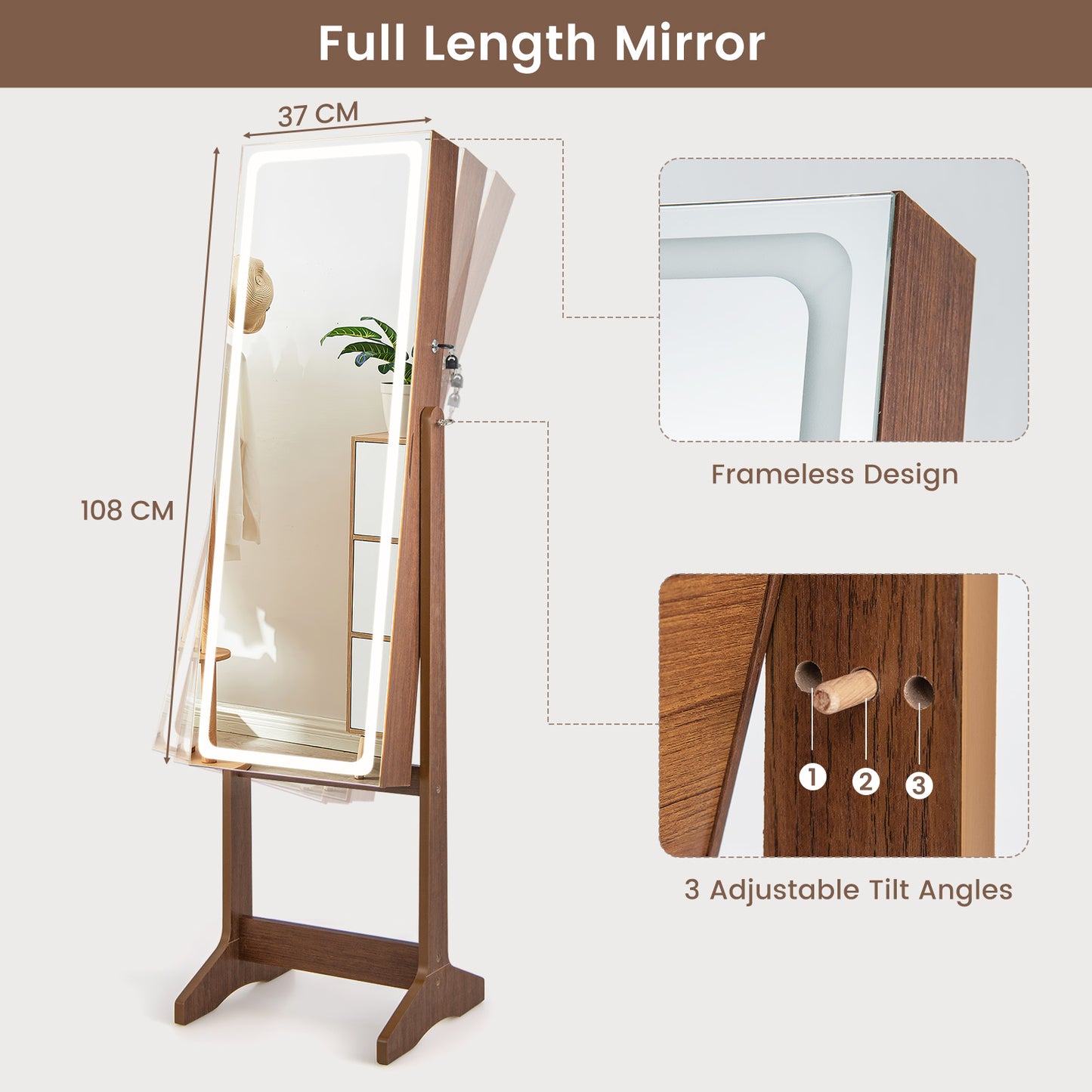 Standing Jewelry Cabinet with LED Lights Lipstick Box and 2 Drawers-Walnut