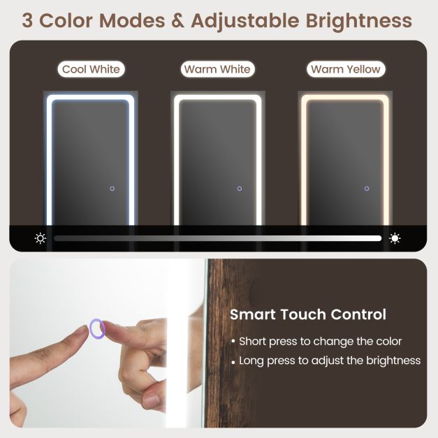 Standing Jewelry Cabinet with LED Lights Lipstick Box and 2 Drawers-Rustic Brown