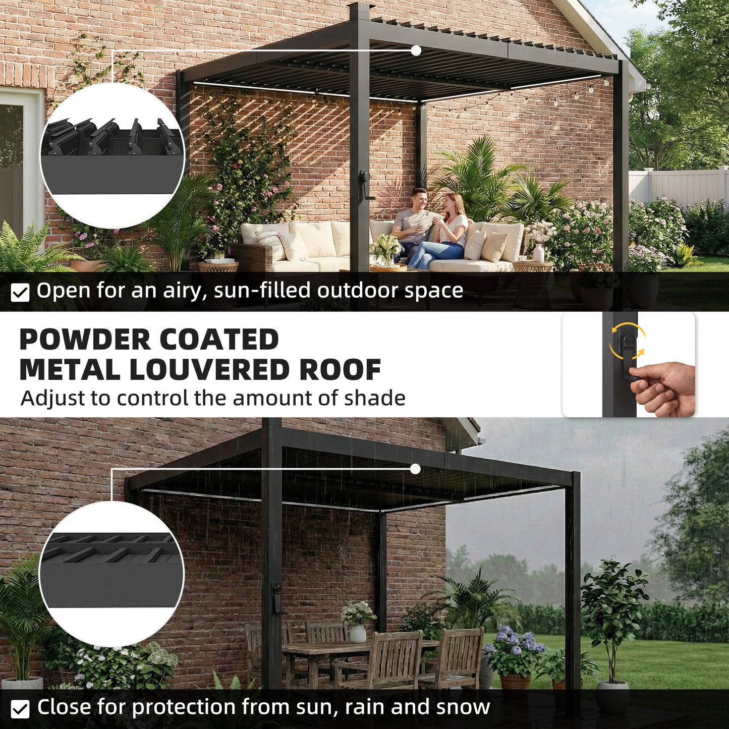 Outsunny 3 x 3 m Louvered Pergola with Solar LED lights, Metal Roof, Patio Gazebo Pergola Canopy with Drainage Gutters, Black