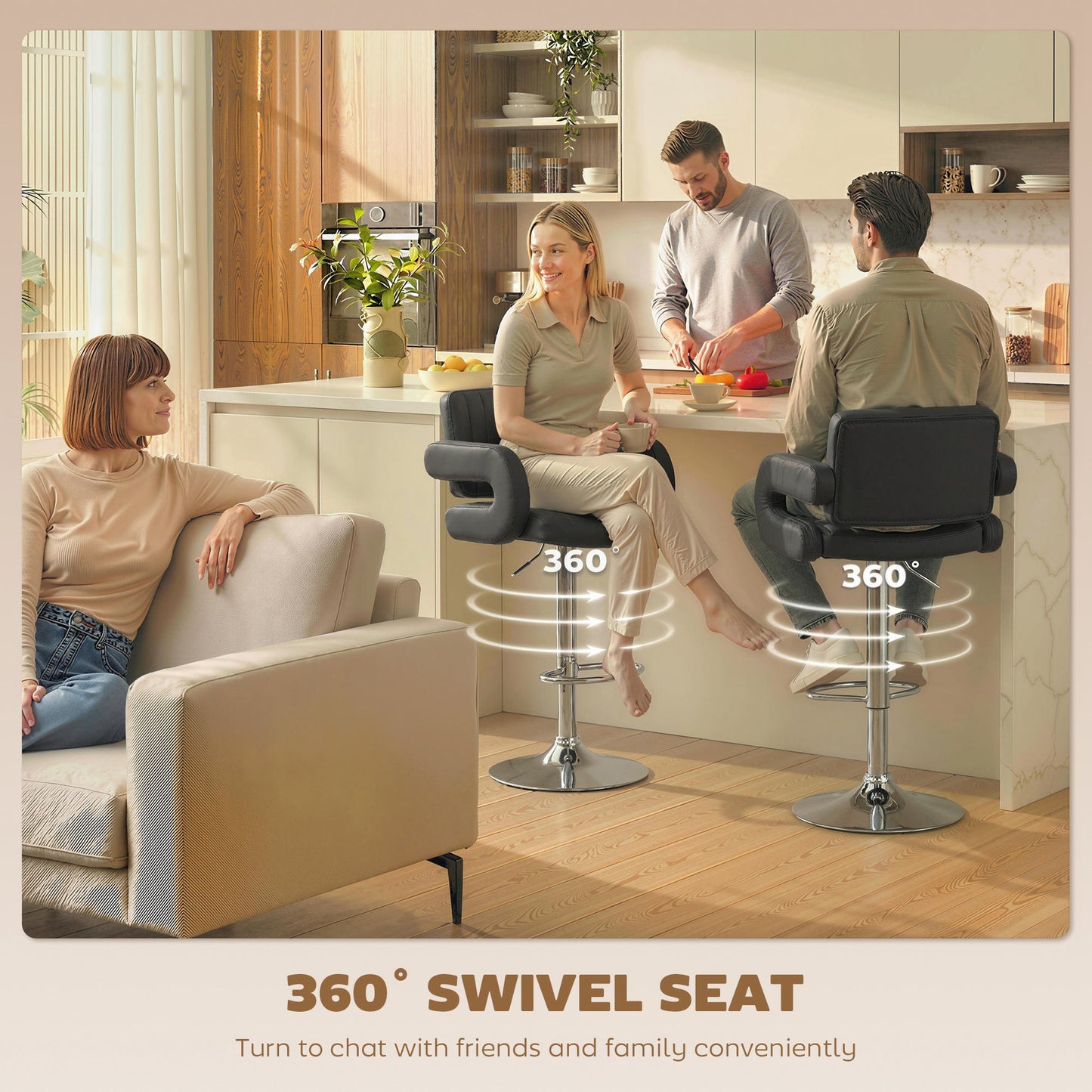HOMCOM Bar Stools Adjustable Swivel Kitchen Chairs with Backrest Armrest Set of 2 PU Leather Black
