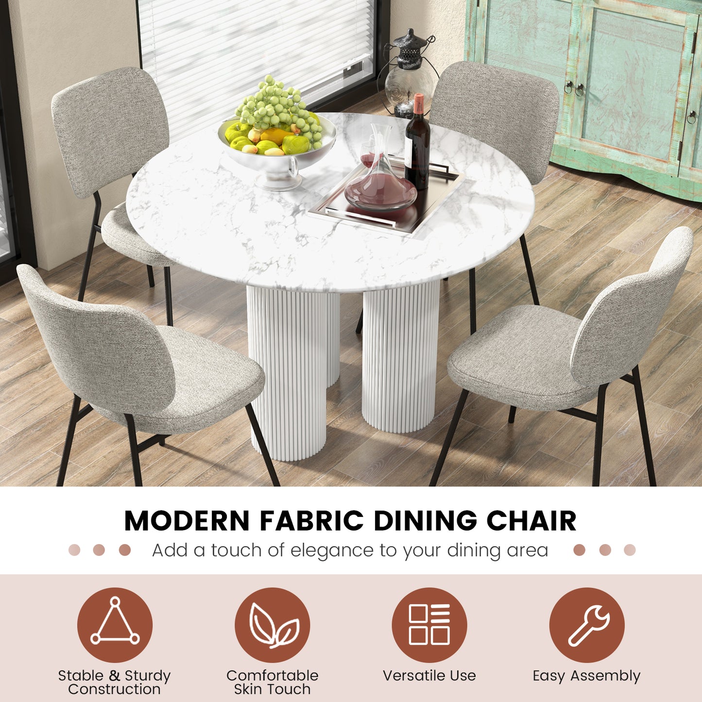 Modern Fabric Dining Chair Set of 2 with Linen Fabric-Grey