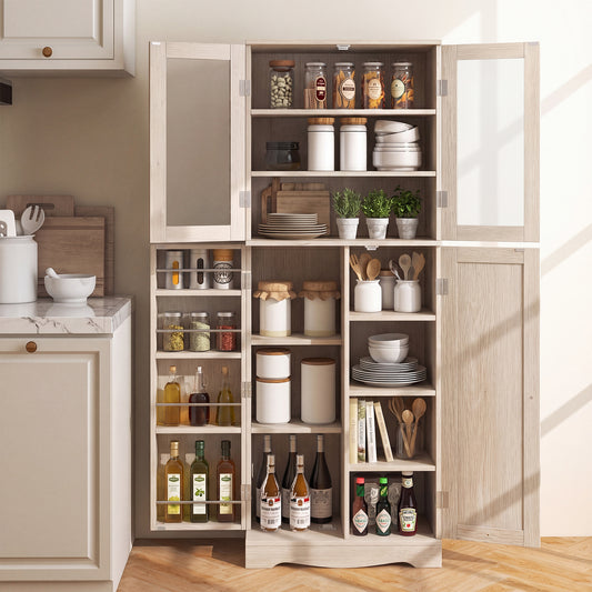 Kitchen Pantry Storage Cabinet with Glass Doors and Storage Shelves-Natrual