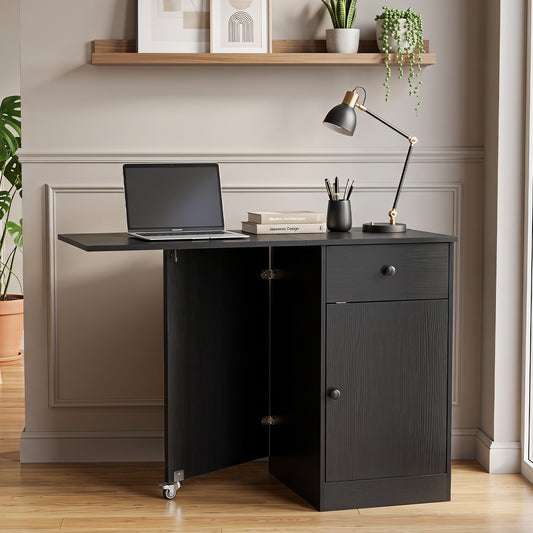 Folding Dining Table with Drawer & Storage Cabinet for Dining Room Living Room-Black