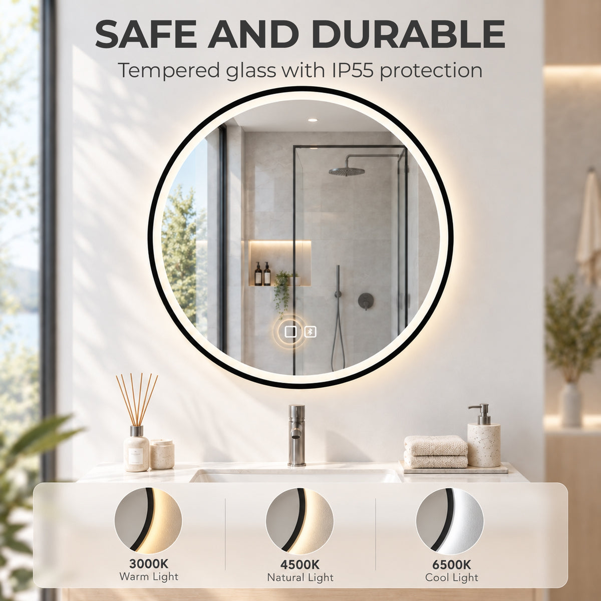 HOMCOM Bathroom Mirror with LED Lights, 60cm Round LED Bathroom Mirror with 3 Colours Dimmable, Bluetooth, Anti-Fog, Black