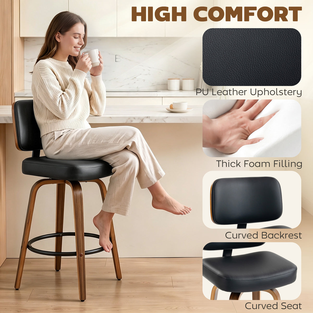 HOMCOM Bar Stools 360° Swivel Breakfast Bar Stools Padded PU Seat Footrest Set of 2 Black