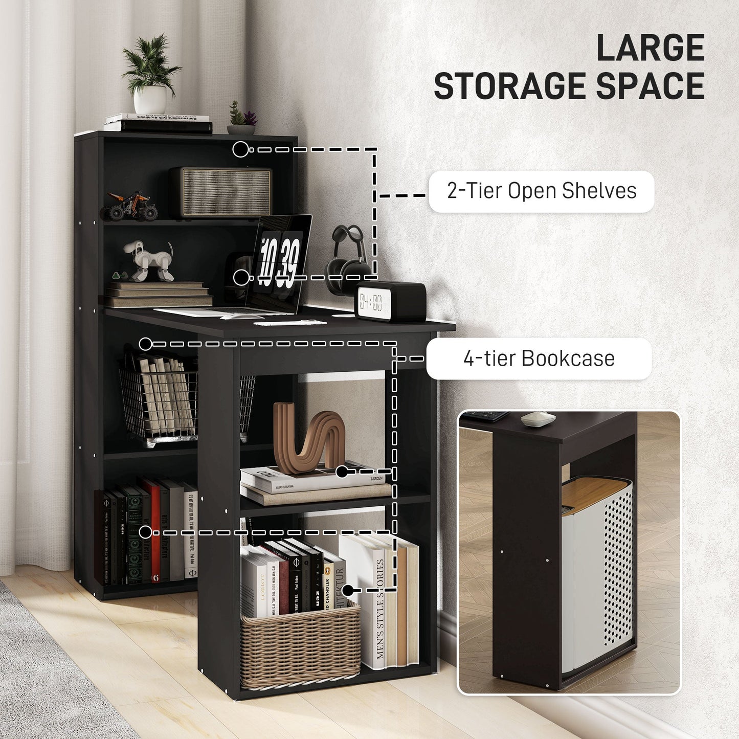 HOMCOM 120cm Computer Desk, Wooden PC Laptop Table with 6-Tier Storage Bookshelves, Home Office Working Study Desk, Writing Workstation, Black