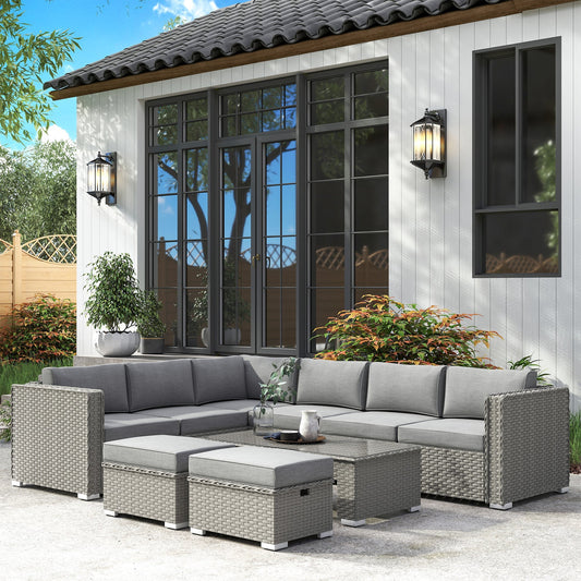 Outsunny 6 Pieces Outdoor PE Rattan Wicker Corner Sofa Set with 10cm Thick Padded Cushions, Aluminium Conservatory Furniture with Glass Top Coffee Table, Footstools, Grey