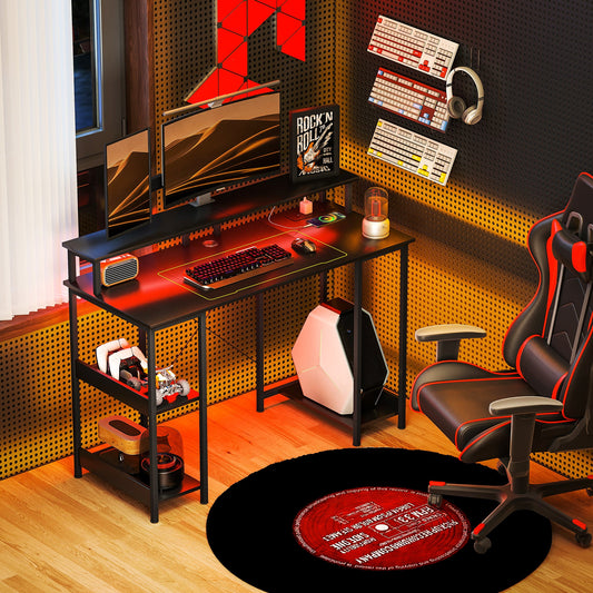 HOMCOM LED Computer Desk, with Power Outlets and Shelves - Carbon Fibre Grey