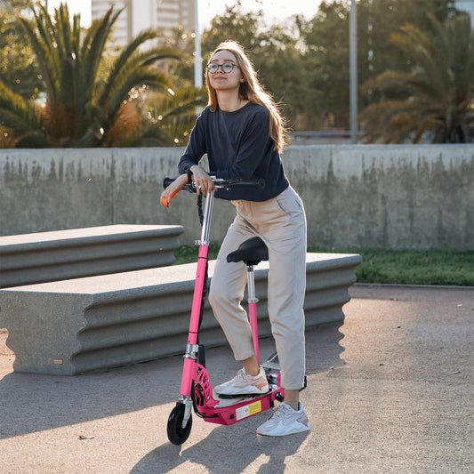 HOMCOM Foldable Powered Scooter with Adjustable Seat, Brake, Pink