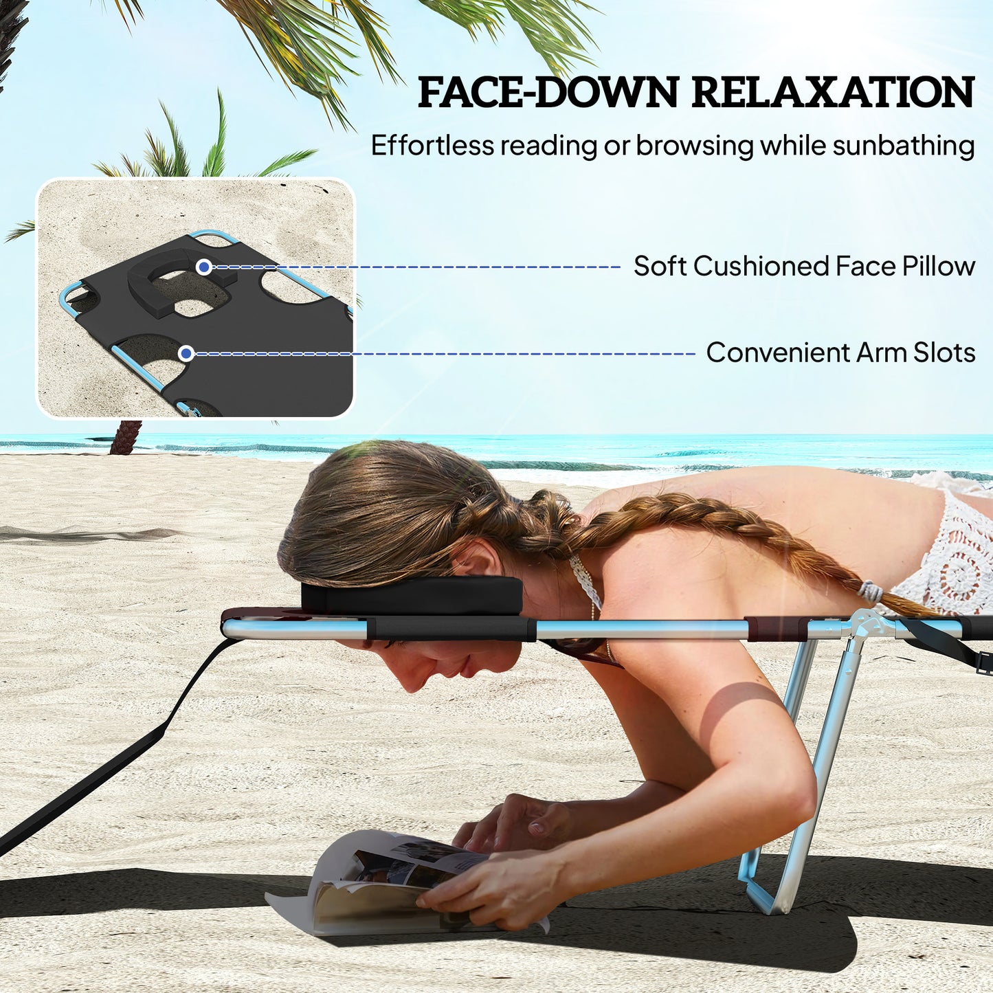 Outsunny Foldable Sun Lounger, Beach Chaise Lounge with Reading Hole, Arm Slots, 5-Position Adjustable Backrest, Side Pocket, Pillow for Garden, Beach, Pool, Black
