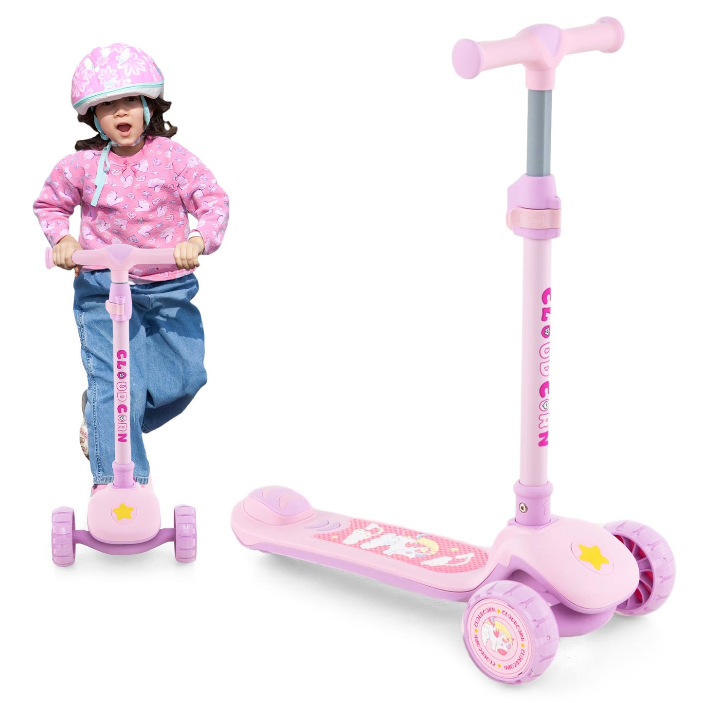 Kick Scooter with Extra Wide Deck and LED Lighted PU Wheels-Light Pink