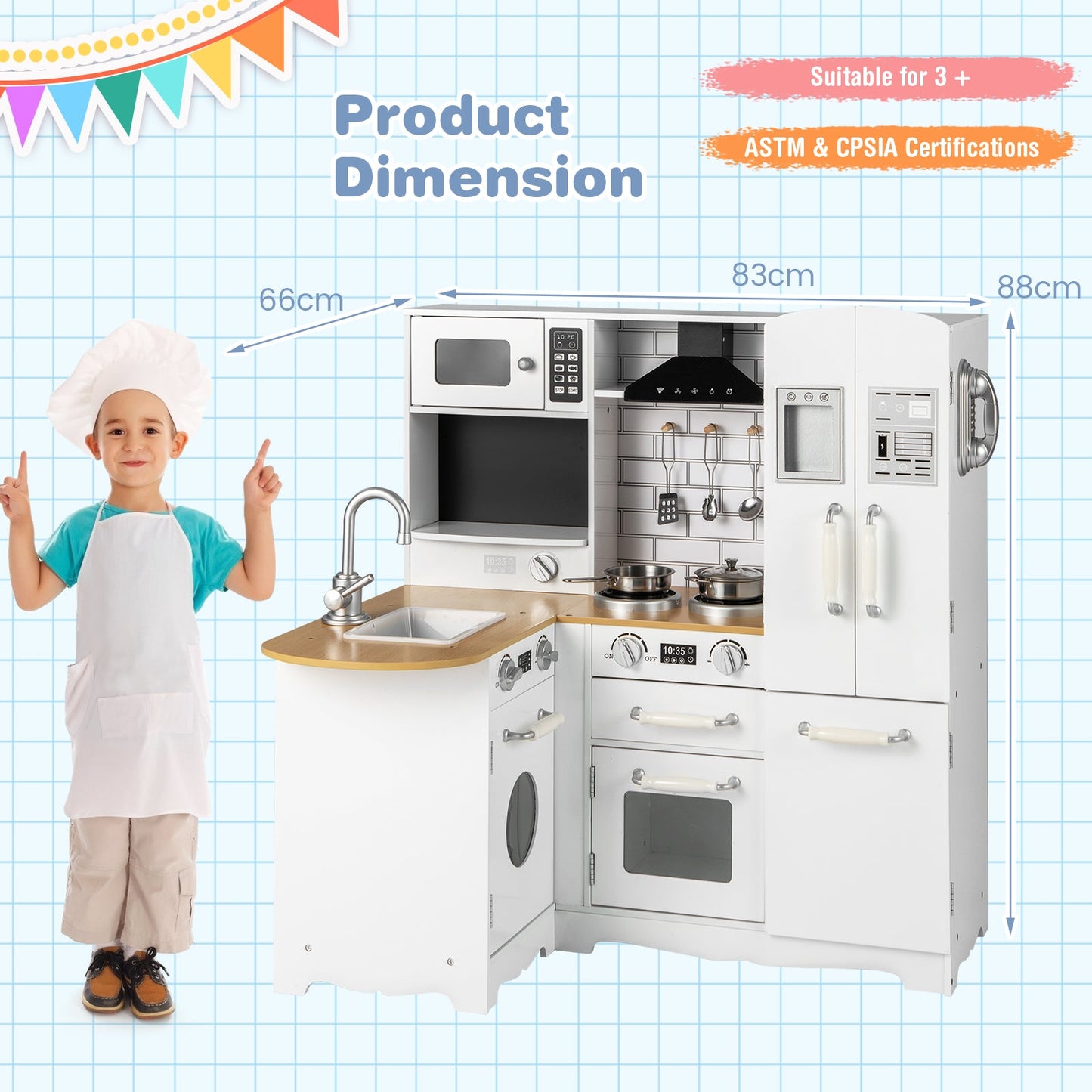 Kid's Corner Kitchen Playset Wooden Play Kitchen with Range Hood-White