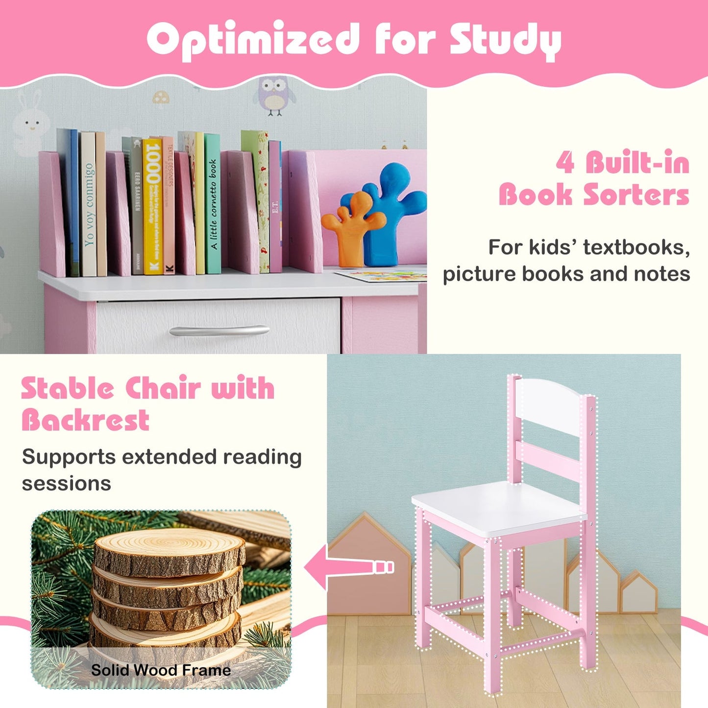 Kid's Study Desk and Chair Set with Deep Drawer and Enclosed Cabinets-Pink