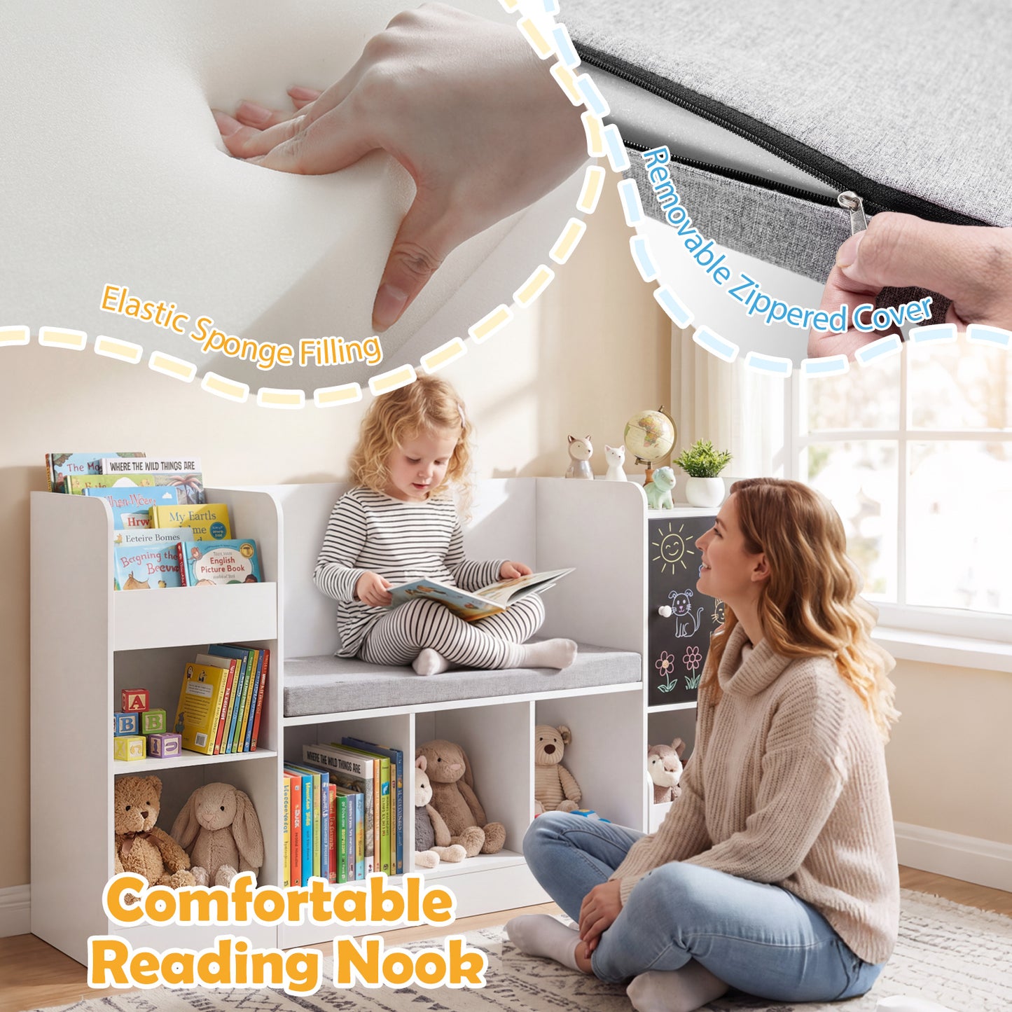 Kids Bookcase and Bookshelf with Reading Nook Toy Storage Organizer with Padded Seat Cushion-White