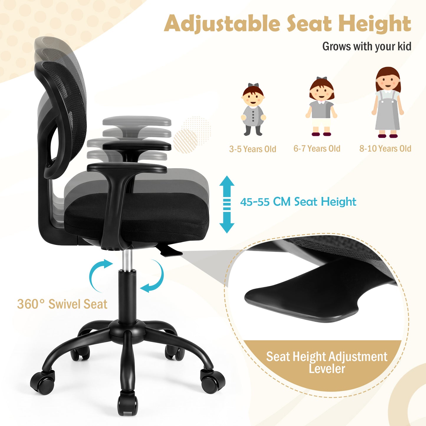 Kids Desk Chair with Adjustable Seat Height and Swivel Wheels for Ages 3+-Black