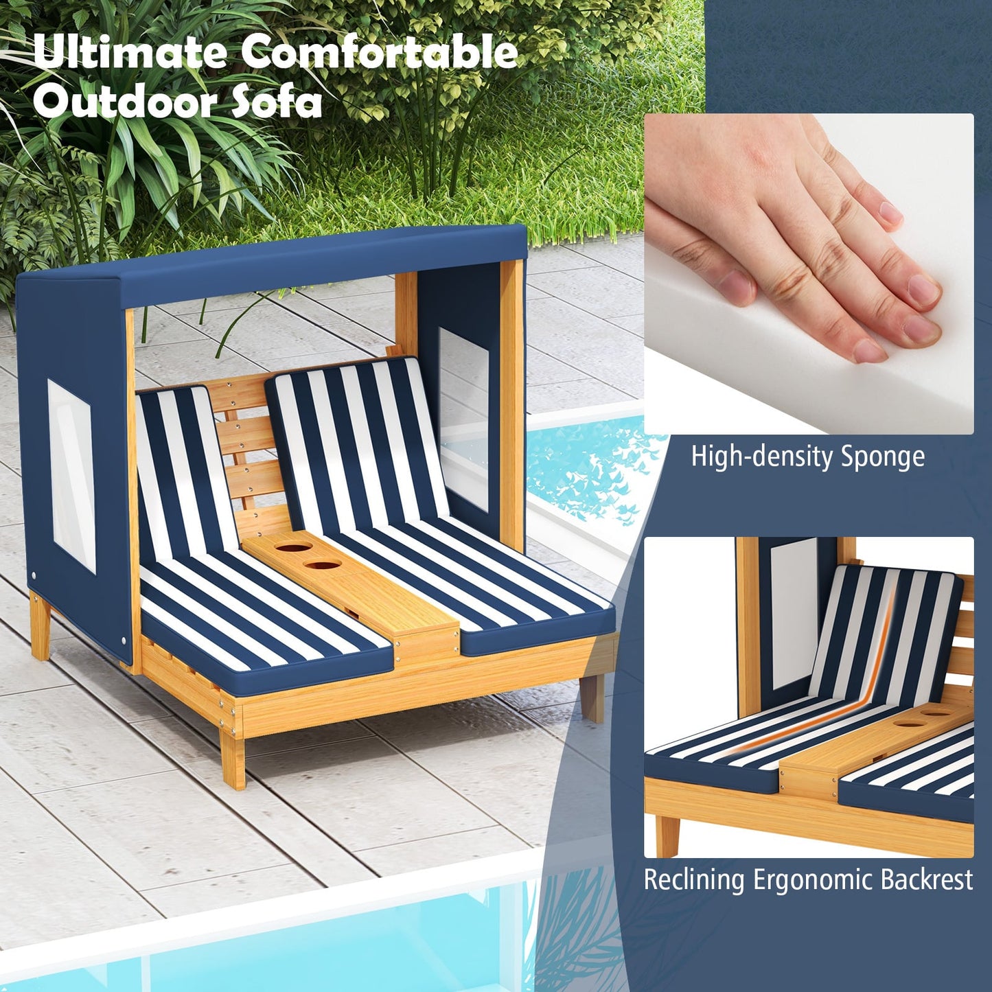 Kids Double Chaise Lounge with Cup Holders 2 Seats Patio Lounge Chair with Awning-Blue