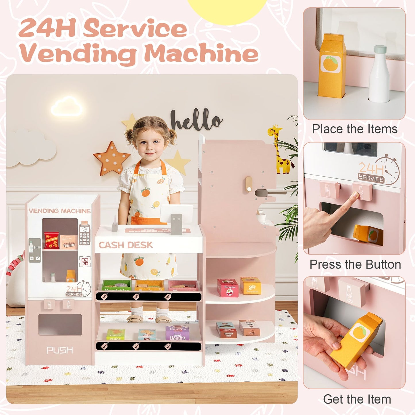 Kids Grocery Store Playset Wooden Pretend Play Supermarket-Pink