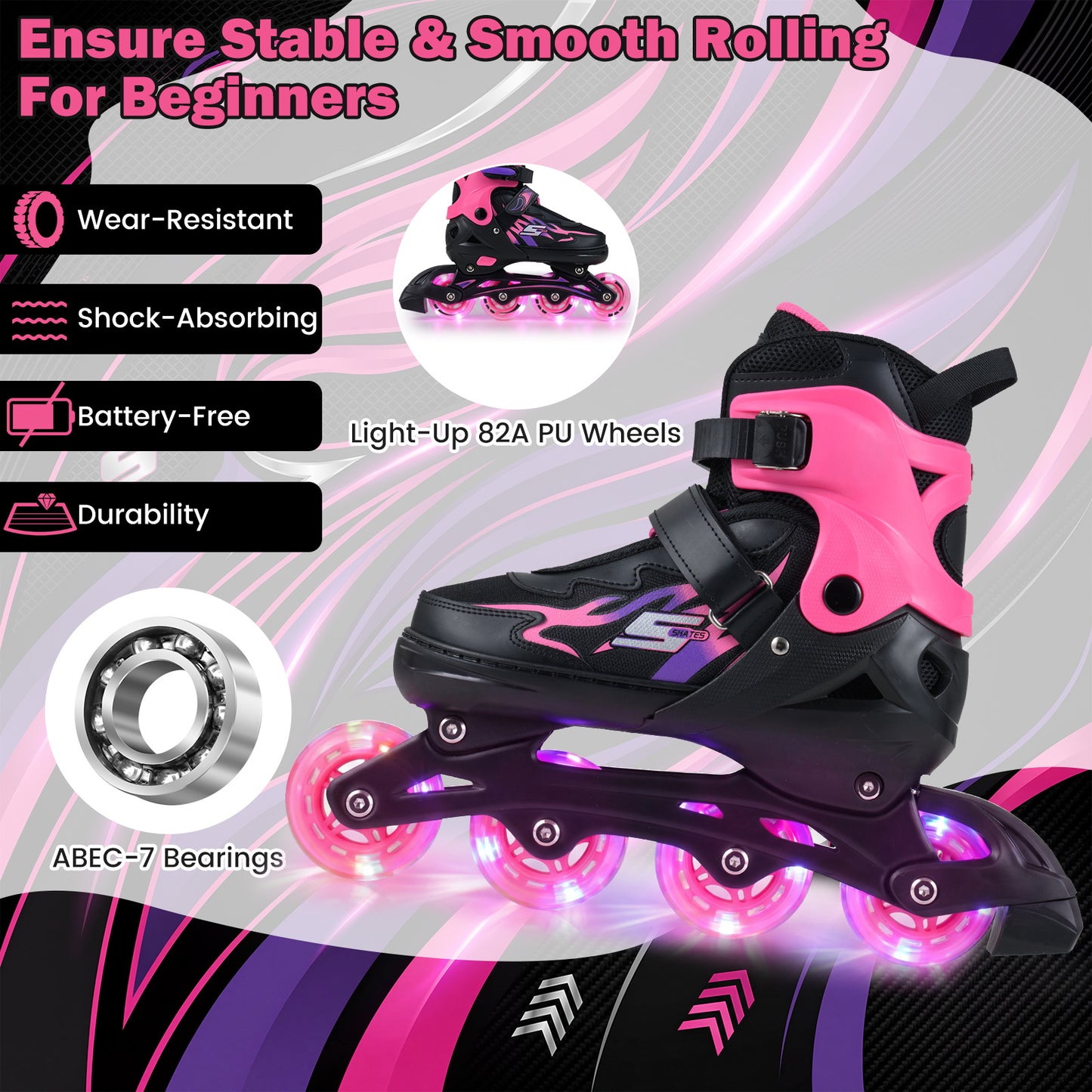 Kids Inline Skates 4 Sizes Adjustable Light-Up Roller Skates for Boys and Girls Ages 9-14-Pink