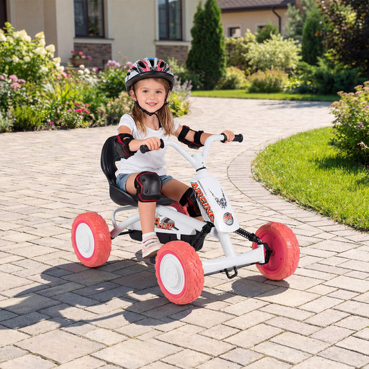 Kids Pedal Go Kart 4 Wheel with 2-Position Seat & Wear-Resistant Wheels-White