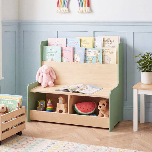 Kids Reading Nook with Bench Toddler Toy Storage Organizer with Bookshelf and 2 Cubbies-Green