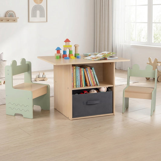 Kids Table and Chairs Set Wooden Toddler Activity Table Set with 2 Open Compartments-Green