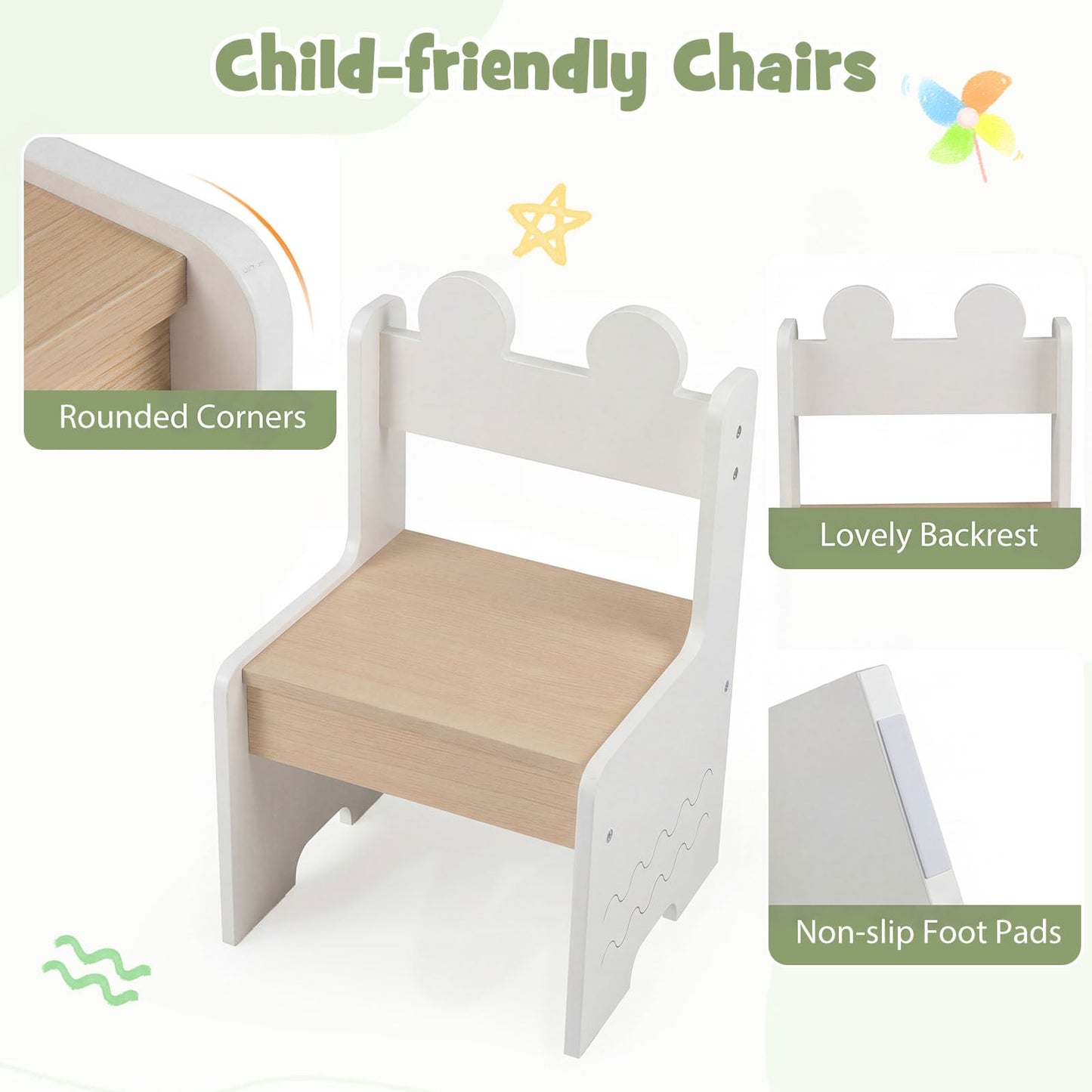 Kids Table and Chairs Set Wooden Toddler Activity Table Set with 2 Open Compartments-White
