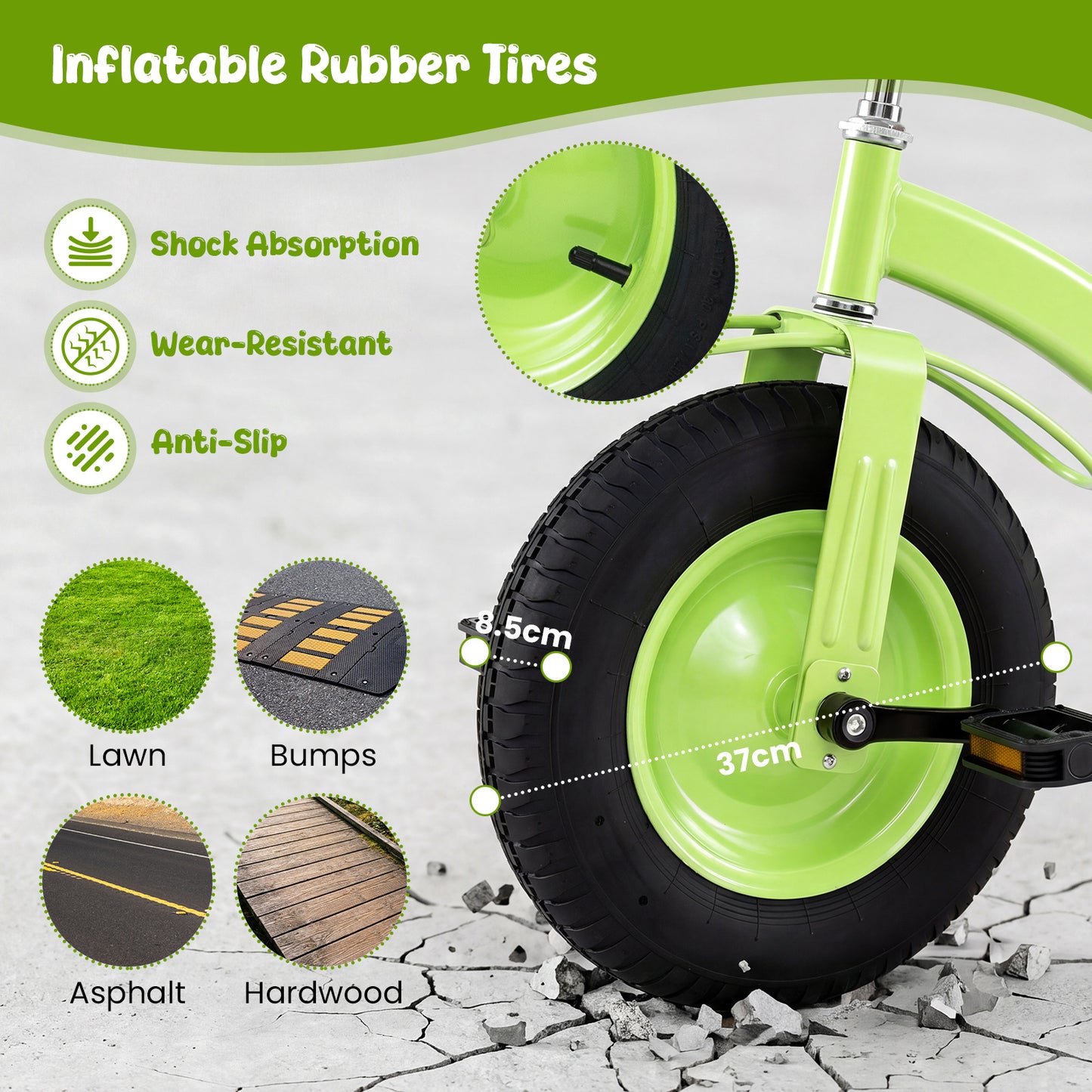 Kids Tricycle with Inflatable Tires and Adjustable Handlebar for Ages 3+Green