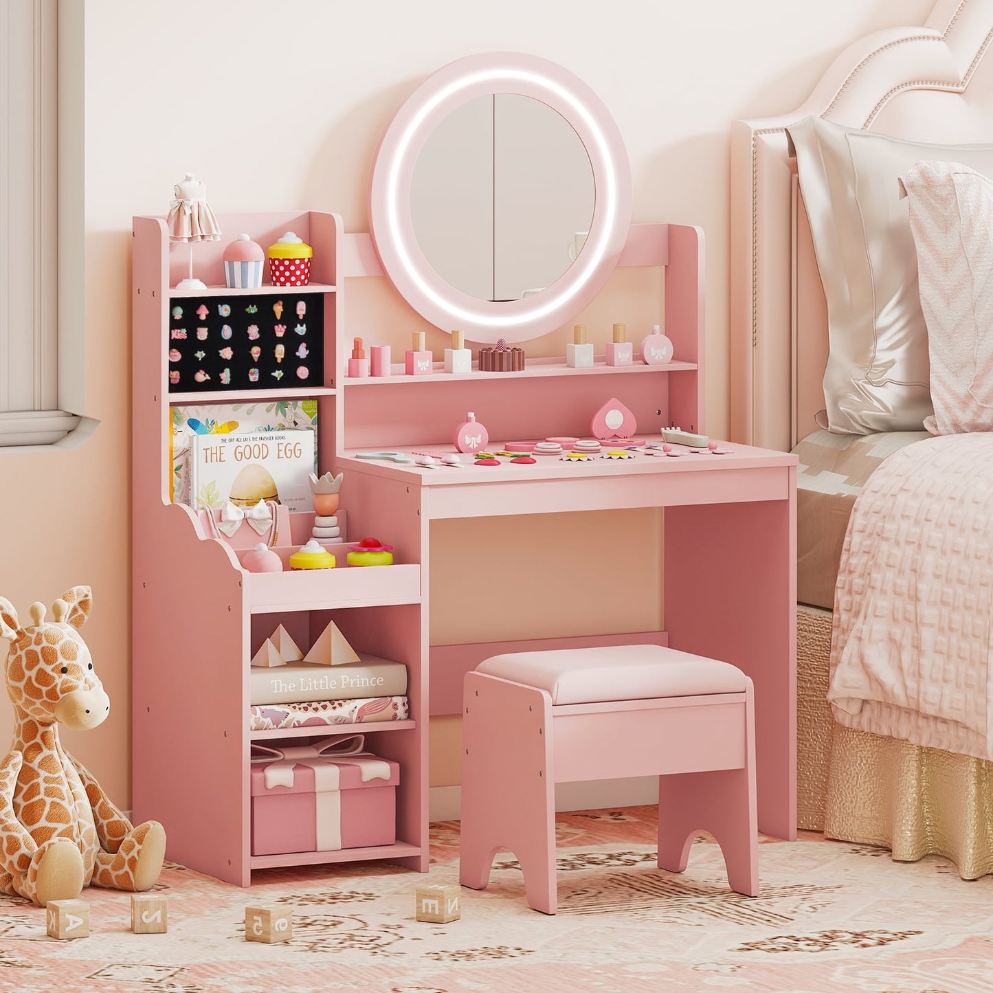 Kids Vanity Desk Princess Pretend Play Dressing Table Set with Mirror and Lights-Pink
