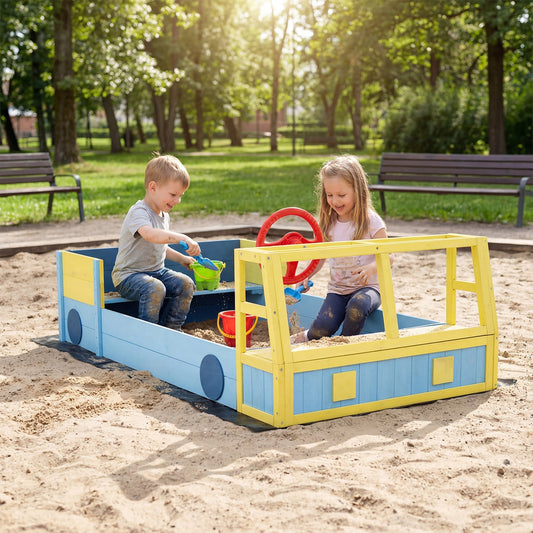 Kids Wooden Sandbox Large Car-Theme Sand Box with Bottom Liner Frame-Blue