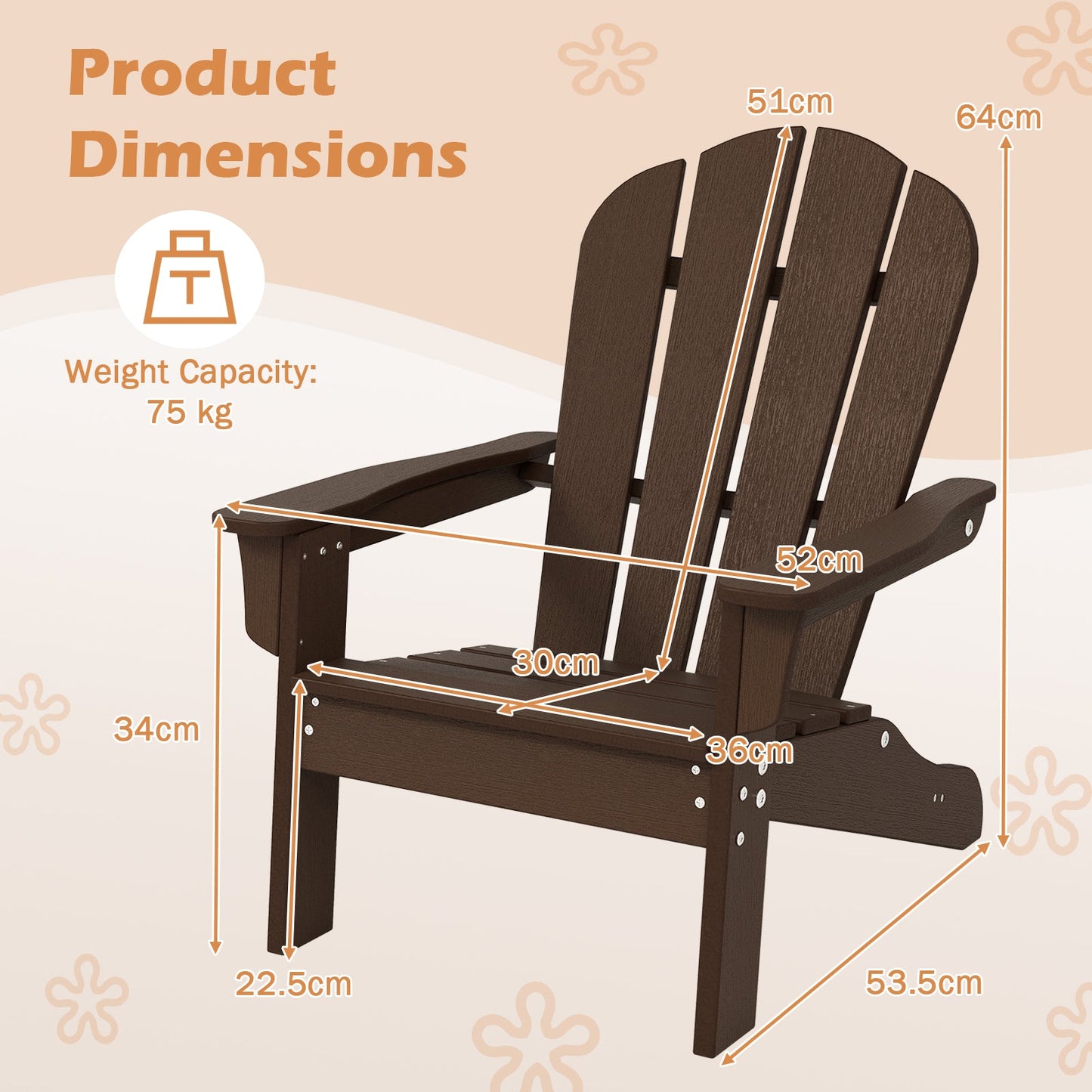 Kids Adirondack Chair All-Weather HDPE Toddler Lawn Chair-Brown