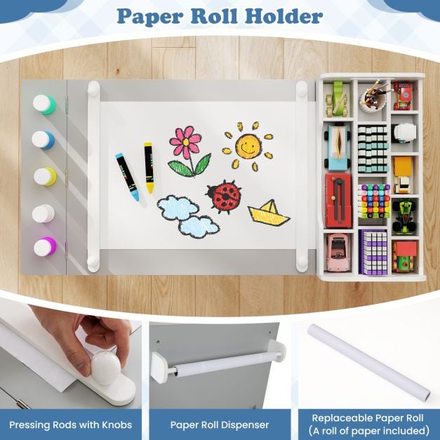 Kids Art Table and 2 Chairs Set with Paper Roll and Storage Shelves-Grey