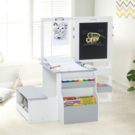 Kids Art Easel Table and Bench Set with Adjustable Easel and Bookshelf-Light Grey