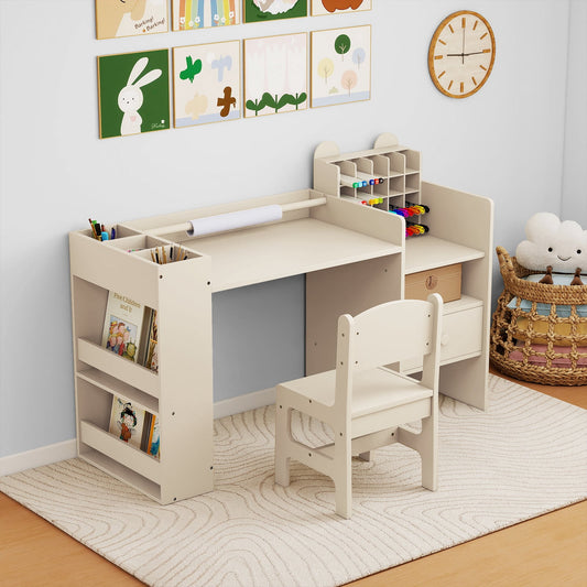 Kids Art Table and Chair Set with Removable Paper Roll Holder-Natural
