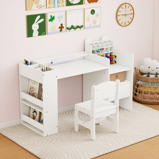 Kids Art Table and Chair Set with Removable Paper Roll Holder-White