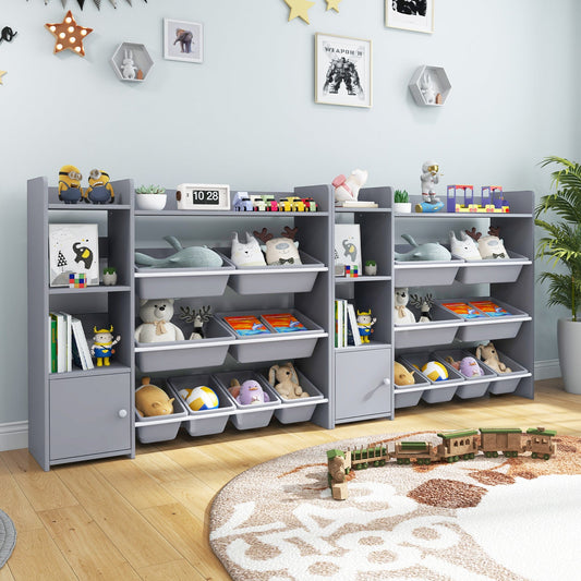 Kids Bookshelf Toy Storage Organizer with Storage Boxes and Open Shelves-Grey