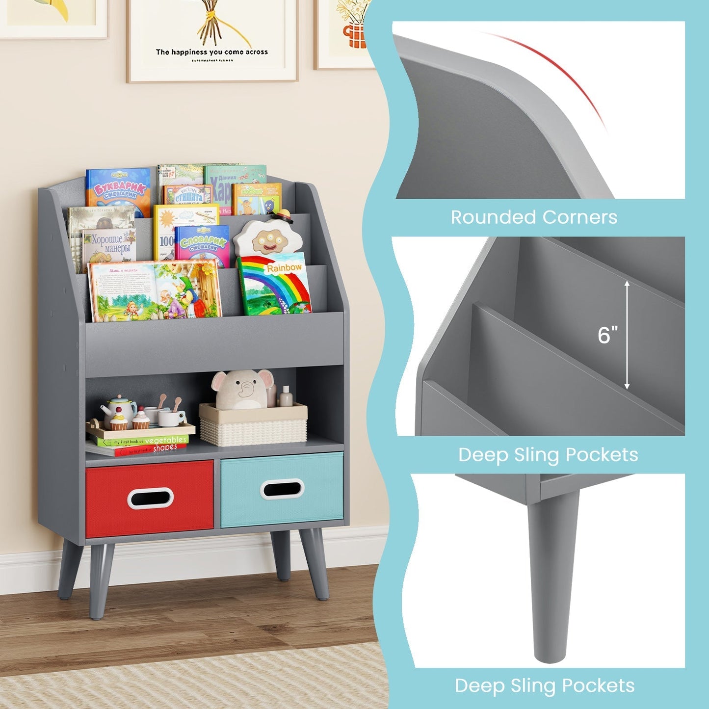 Kids Bookshelf Book Display Rack with 3-Tier Bookshelves and 2 Drawers-Grey