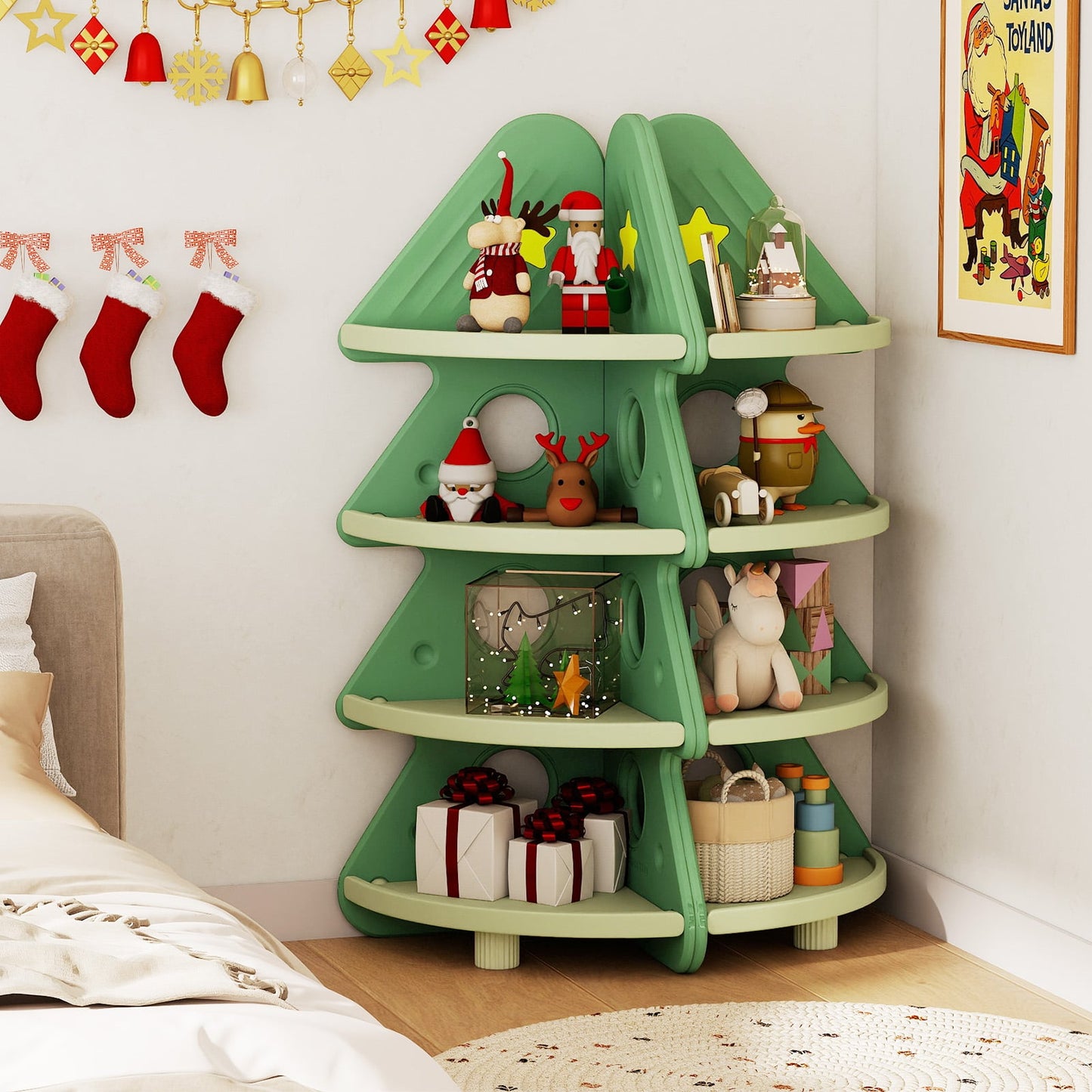 4-Tier Kids Corner Bookshelf for Kids Room and Nursery Playroom-Green