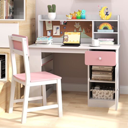 Kids Desk and Chair Set with Chair Hutch and 3-Layer Side Shelf-Pink