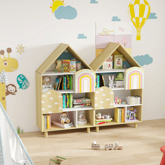Kids Dollhouse Bookshelf with 2 Doors for Playroom Bedroom-Natural