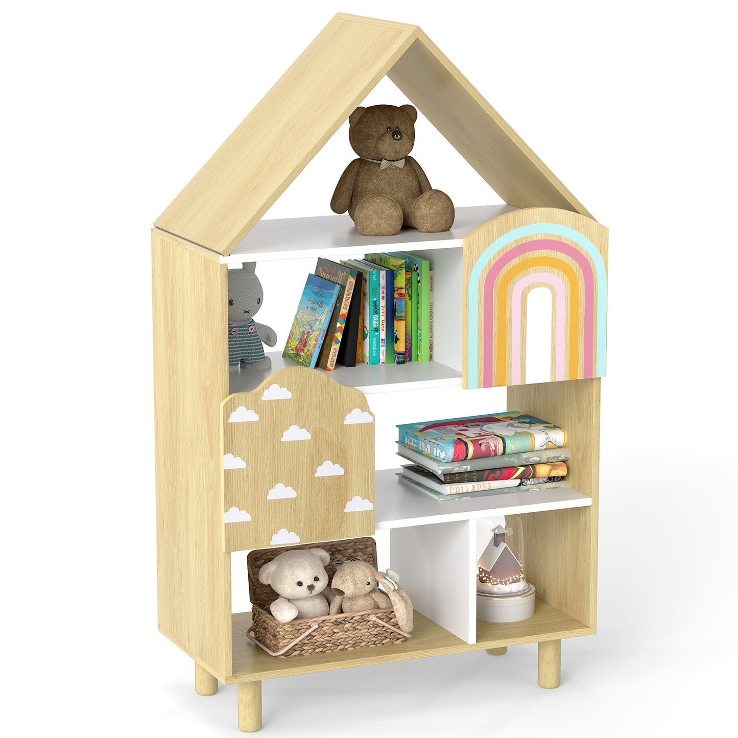 Kids Dollhouse Bookshelf with 2 Doors for Playroom Bedroom-Natural